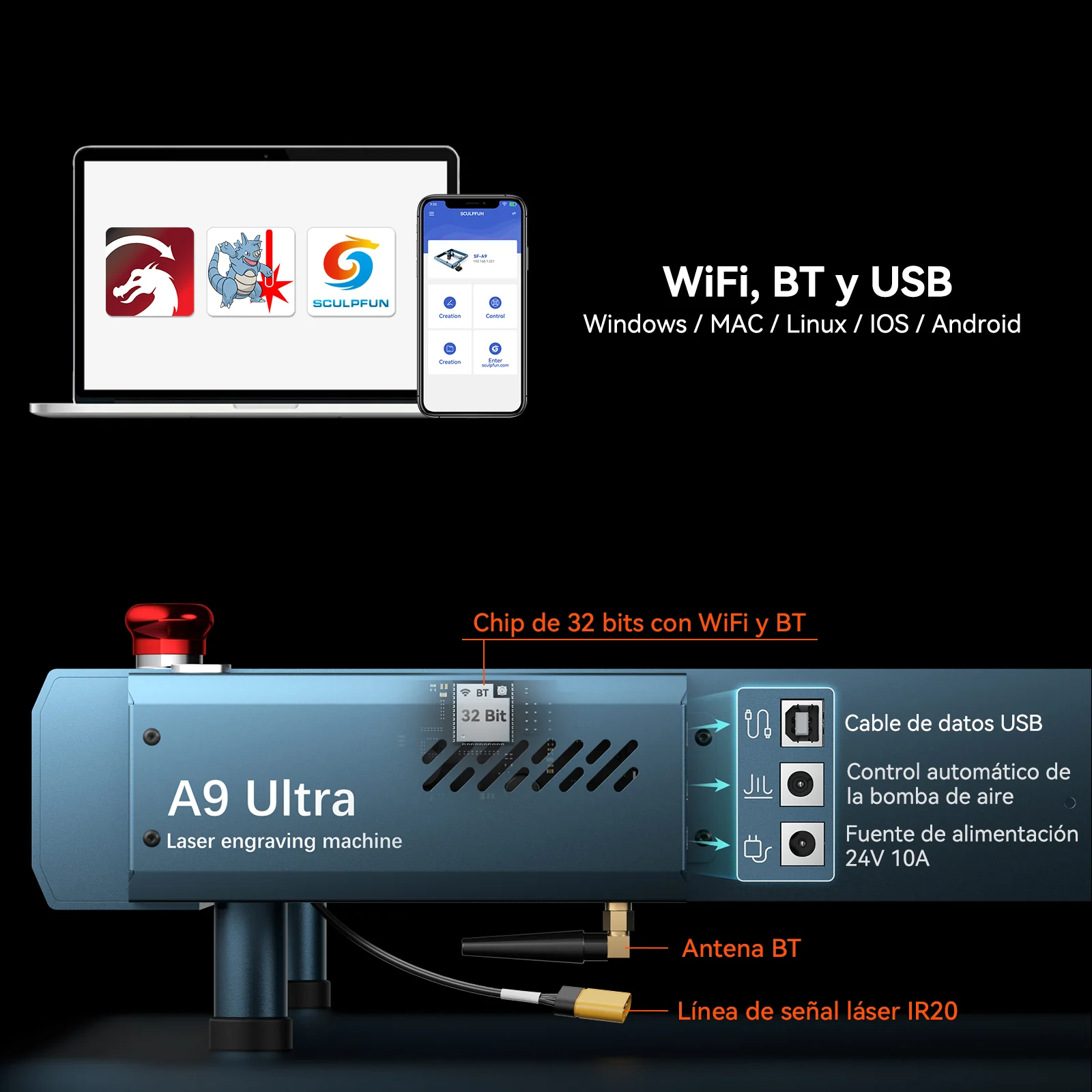 [EN MÉXICO] SCULPFUN A9 Ultra Máquina Láser 20W de Fibra y 40W de Diodo 2 en 1 para Grabado en Metales y No Metales - Image 16