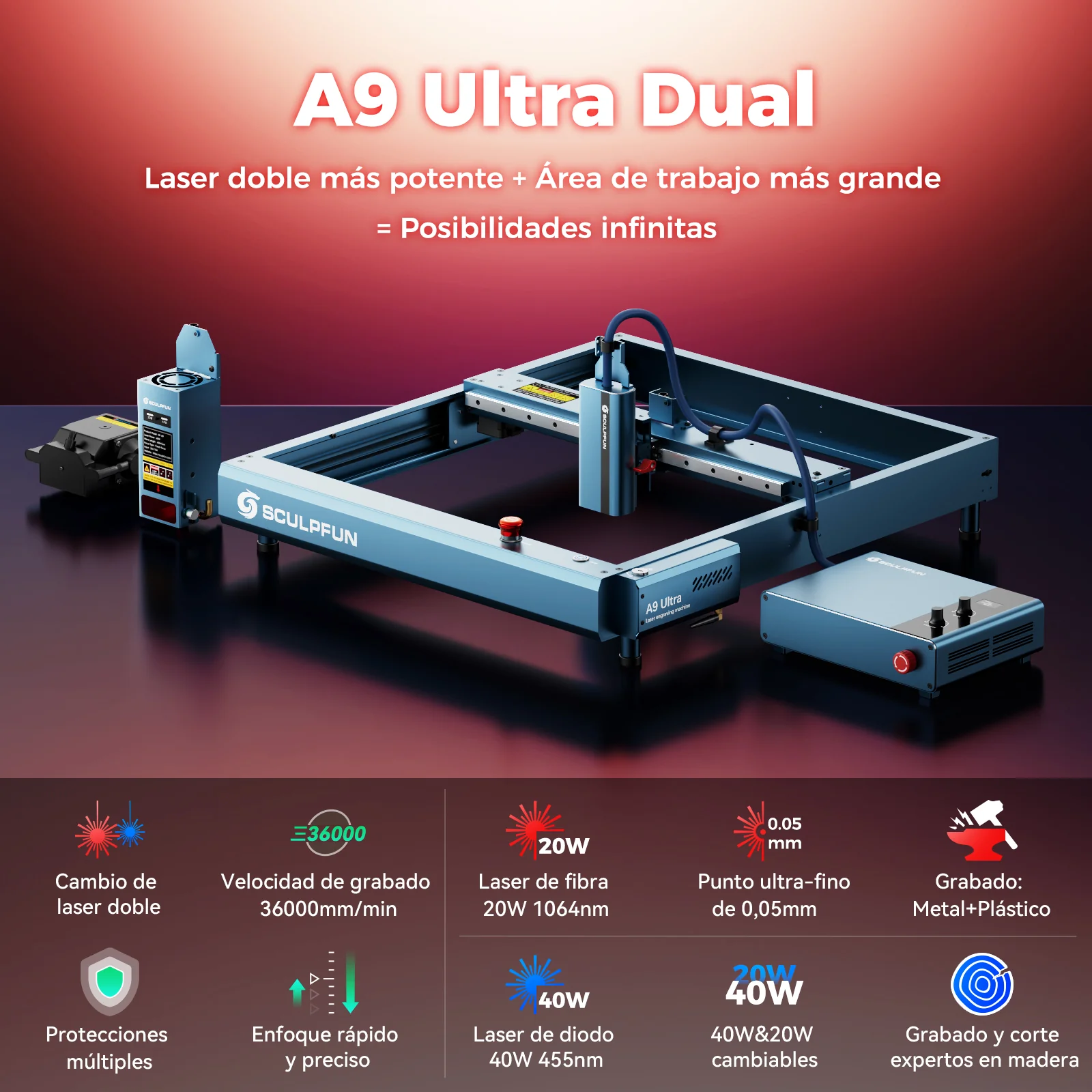 [EN MÉXICO] SCULPFUN A9 Ultra Máquina Láser 20W de Fibra y 40W de Diodo 2 en 1 para Grabado en Metales y No Metales - Image 6