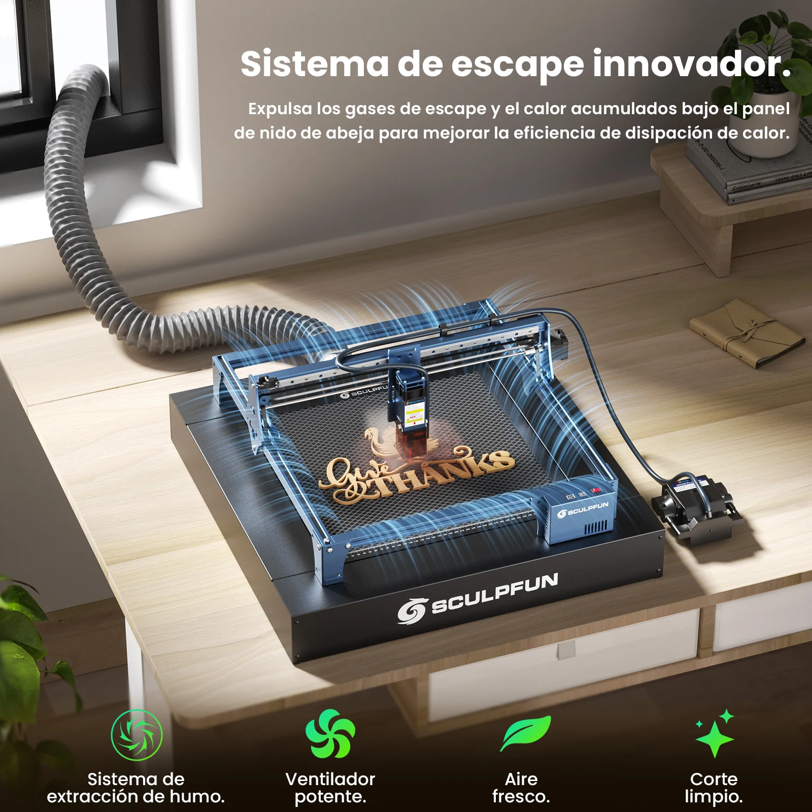 SCULPFUN H5 Gen2 Plataforma de escape de corte de panal Cama láser de panal de 650 × 650 mm con ventilador de extracción de humos - Image 11