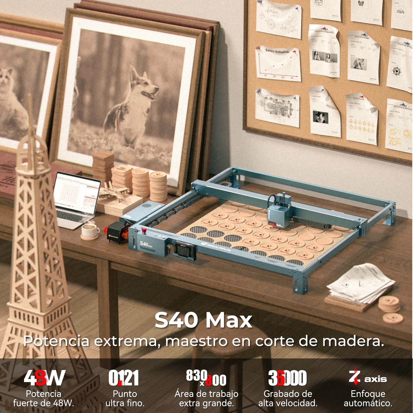 [EN MÉXICO] SCULPFUN S40 MAX 48W Máquina cortadora con grabadora láser Área de grabado de 830 * 800 mm Enfoque automático con un clic - Image 9